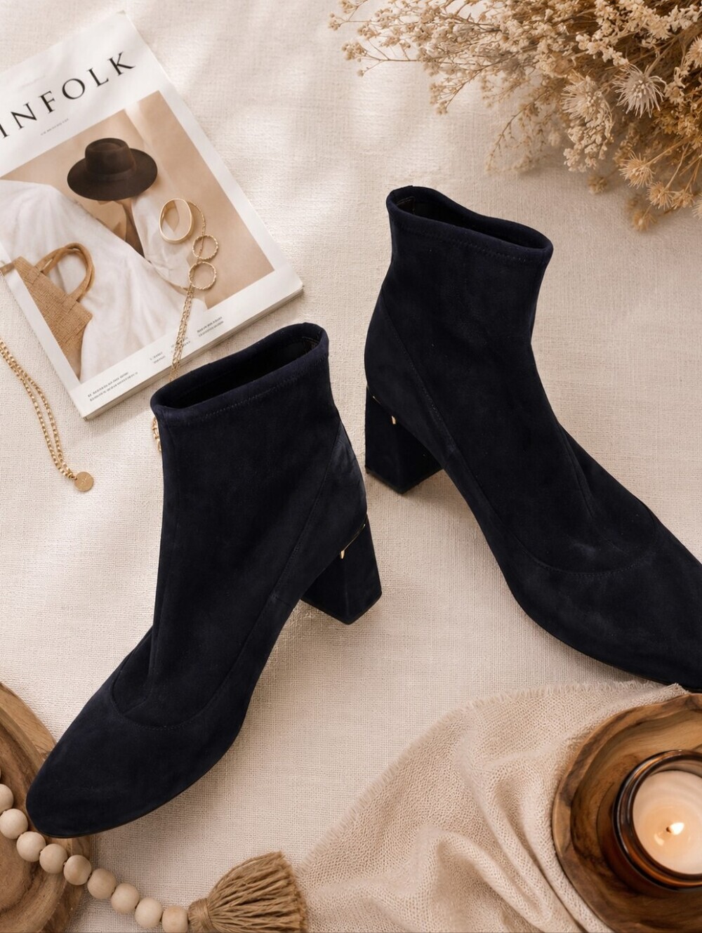 Cole Haan Navy Suede Stretchy Block Heel Minimalist Ankle Bootie/shoes Ladies 9B